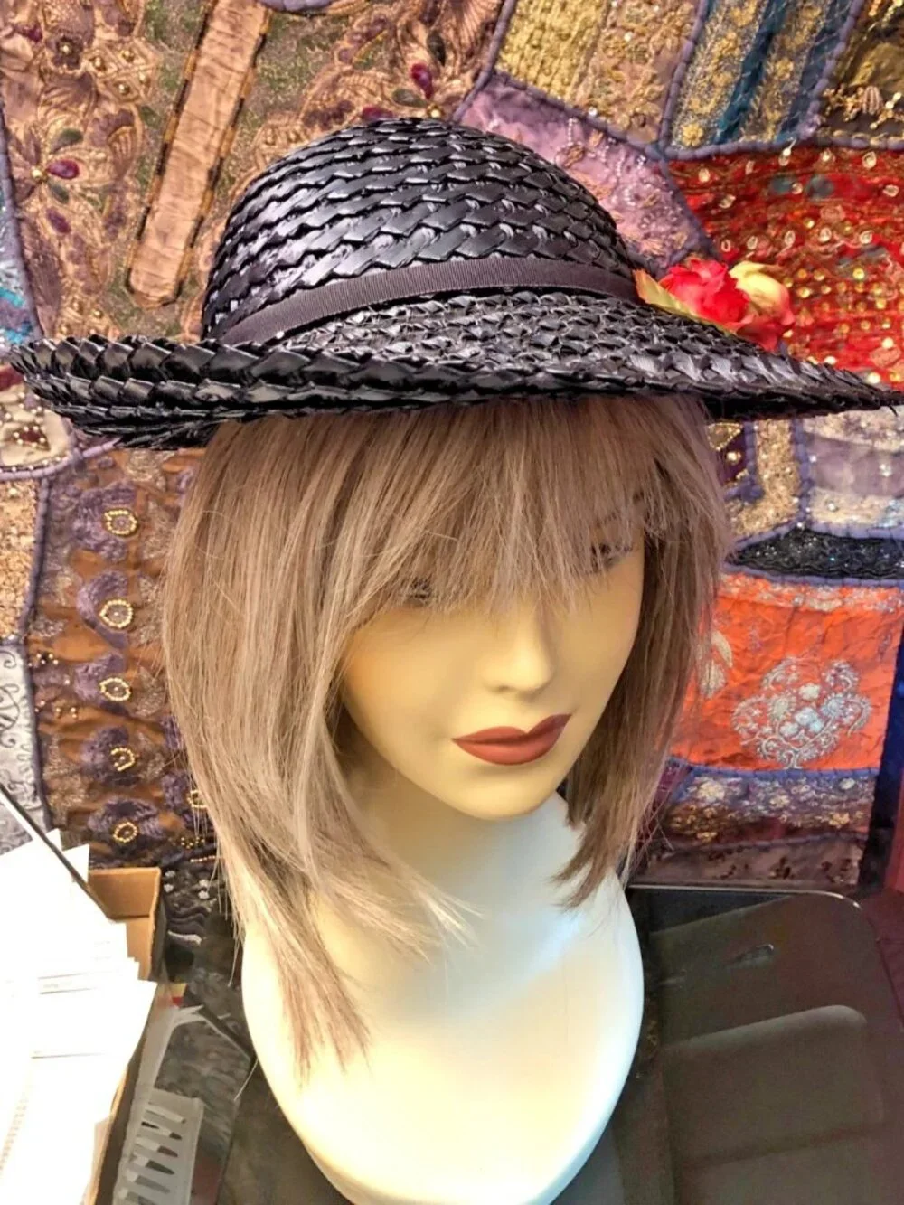 Vtg 50/60s Miss Ruth New York Navy Straw Wide Brim Kentucky Derby Garden Party